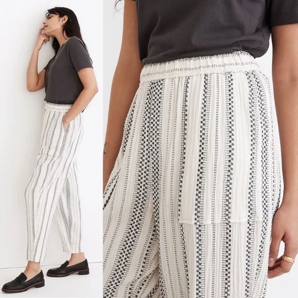 Madewell Lightspun Balloon Drawstring Pull-On Pants, Size Medium, White & Black - Picture 2 of 10